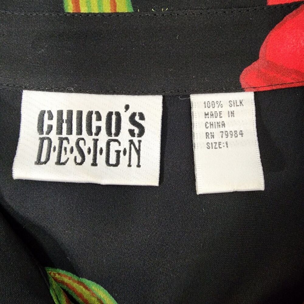 Chicos Design Top Sz 1 Medium 100% Silk Black Red Floral Sheer Vtg Button Tunic - Picture 8 of 9